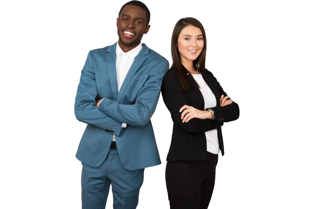 A man and woman wearing corporate attire on white background.