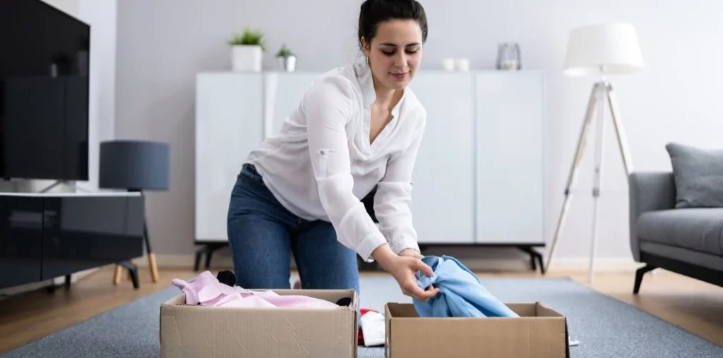 Woman organizing her things in boxes