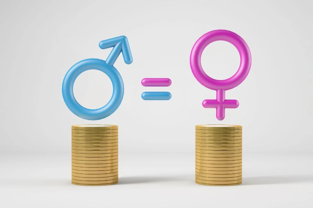 male, female and equal symbols on top of stack of coins