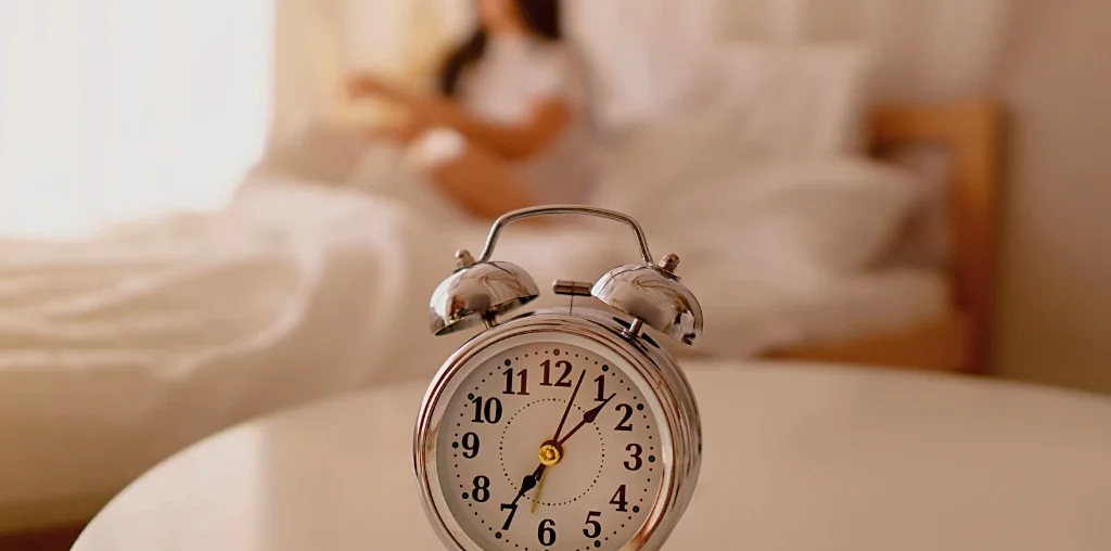 On top of a small table, an alarm clock creates a backdrop for the woman who just woke up