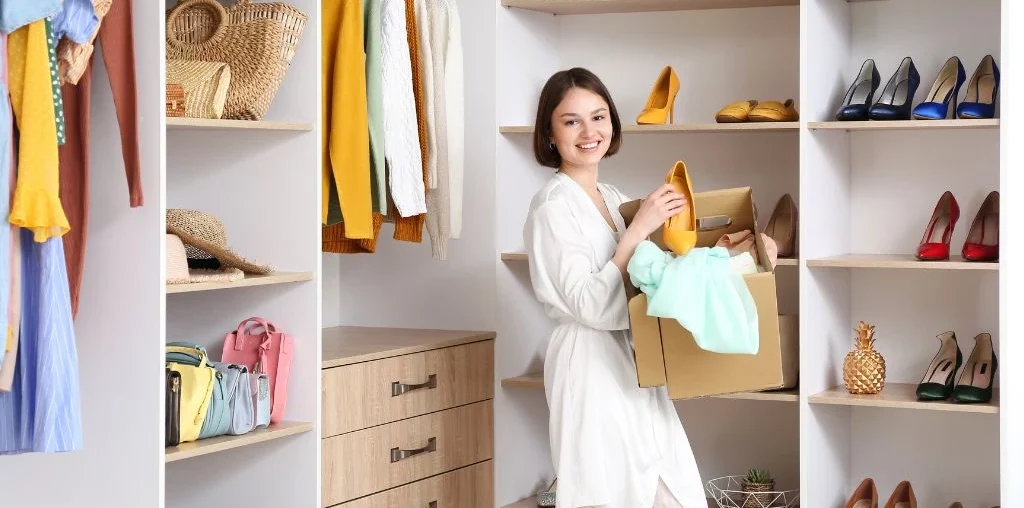 Woman smiling while holding a yellow shoes and a box